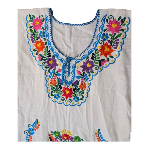Vintage Mexican Embroidered Huipil Dress M White Multicolor Floral Tie Waist - Picture 3 of 8